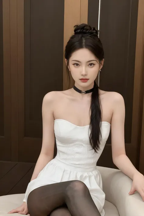 masterpiece, best quality, 1girl,simple background, white corset, hair bun, cowboy shot, sitting on a chair, pantyhose, choker, hair ornament, hotel room, crossed legs, from below, feet out of frame,
<lora:1saye_v2-000007:0.73> <lora:80d:0.1>