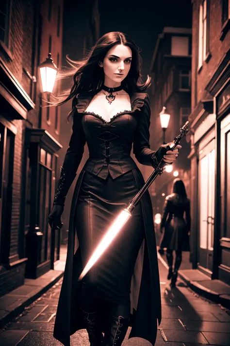 female gothic vampires hunting in soho at night. volumetric cinematic lighting. hammer horror style. 1870s london. f/1.4, ISO400, 50mm, sharp focus.