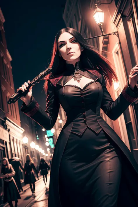 female gothic vampires hunting in soho at night. volumetric cinematic lighting. hammer horror style. 1870s london. f/1.4, ISO400, 50mm, sharp focus.