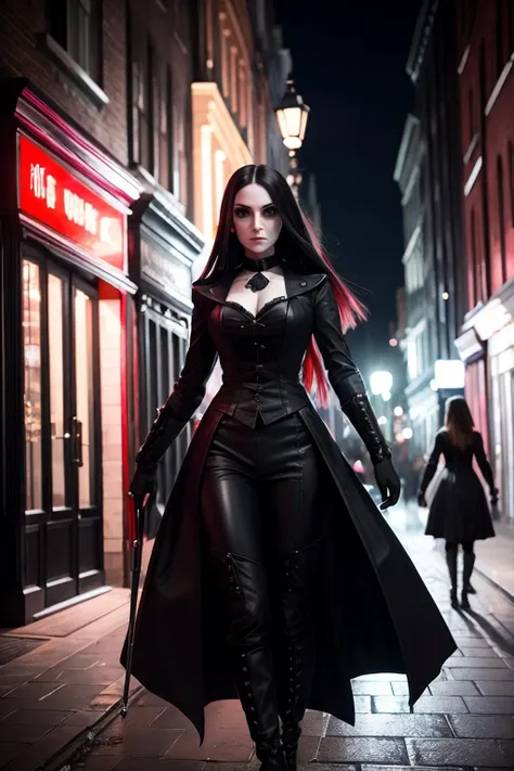 female gothic vampires hunting in soho at night. volumetric cinematic lighting. hammer horror style. 1870s london. f/1.4, ISO400, 50mm, sharp focus.