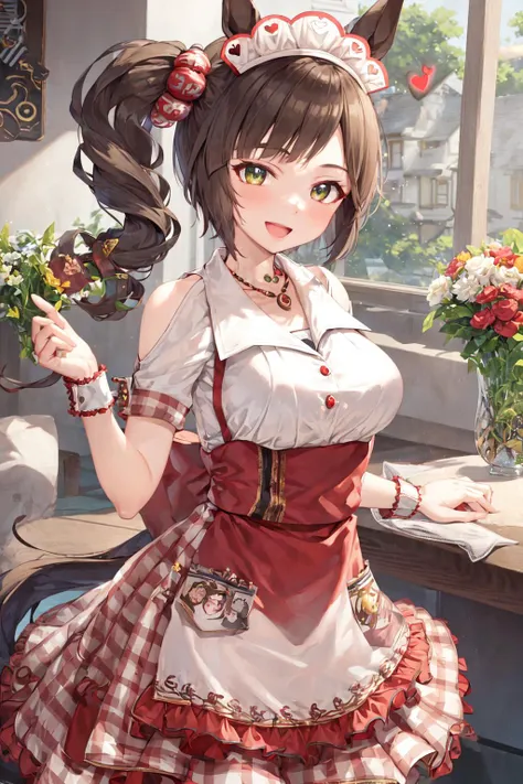 masterpiece, best quality, 
ines fujin \(umamusume\), 
open mouth, smile, 
official alternate costume, maid headdress, hair ornament, necklace, jewelry, white shirt, clothing cutout, shoulder cutout, short sleeves, heart, wrist cuffs, red apron, plaid skirt, <lora:ines_fujin_loha:0.7>