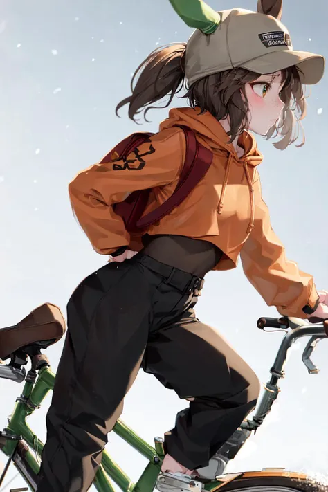 masterpiece, best quality, 
ines fujin \(umamusume\), 
riding bicycle, snow, winter, snowflakes, closed mouth, heavy breathing, 
profile, looking to the side, backpack,  
casual, single ear cover, brown headwear, baseball cap, freckles, ears through headwear, hood down, orange hoodie, drawstring, cropped hoodie, crop top overhang, bodystocking, long sleeves, wirstwatch, black pants, track pants, brown footwear
<lora:ines_fujin_loha:0.7>