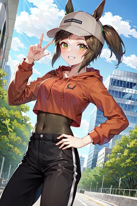 masterpiece, best quality, ines fujin \(umamusume\), casual, single ear cover, brown headwear, baseball cap, freckles, ears through headwear, hood down, red hoodie, drawstring, cropped hoodie, crop top overhang, bodystocking, long sleeves, wirstwatch, black pants, track pants, brown footwear <lora:ines_fujin:0.7>,