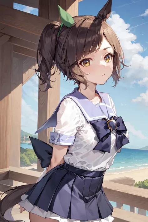 masterpiece, best quality, 
ines fujin \(umamusume\), 
arms at sides, 
tracen school uniform, single ear cover, summer uniform, serafuku, puffy short sleeves, purple bowtie, horseshoe ornament, sailor collar, sailor shirt, purple shirt, white skirt, pleated skirt,<lora:ines_fujin_loha:0.7>