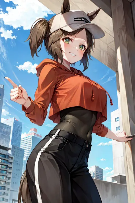 masterpiece, best quality, ines fujin \(umamusume\), casual, single ear cover, brown headwear, baseball cap, freckles, ears through headwear, hood down, red hoodie, drawstring, cropped hoodie, crop top overhang, bodystocking, long sleeves, wirstwatch, black pants, track pants, brown footwear <lora:ines_fujin:0.7>,
slim body, narrow waist, long leg, expressionless, dynamic pose, from side, sleeves past fingers, cowboy shot, from below, smile, teeth, large breasts, cityscape, 
nice hands,  <lora:nice_hands:1>