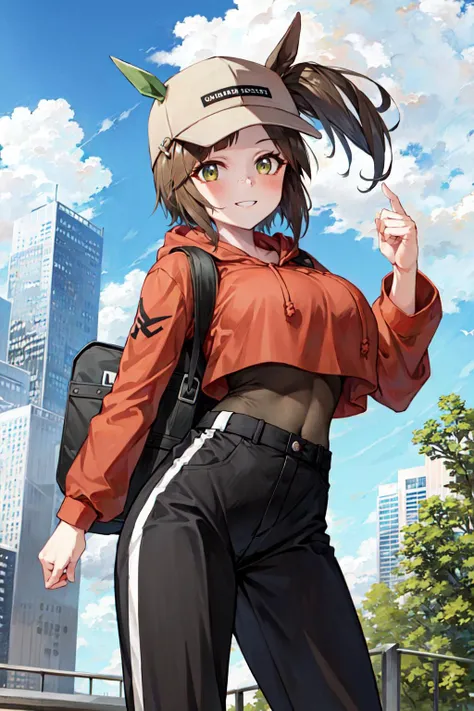 masterpiece, best quality, ines fujin \(umamusume\), backpack, casual, single ear cover, brown headwear, baseball cap, freckles, ears through headwear, hood down, red hoodie, drawstring, cropped hoodie, crop top overhang, bodystocking, long sleeves, wirstwatch, black pants, track pants, brown footwear <lora:ines_fujin:0.7>,
slim body, narrow waist, long leg, expressionless, dynamic pose, from side, sleeves past fingers, cowboy shot, from below, smile, teeth, large breasts, cityscape, 
nice hands,  <lora:nice_hands:1>