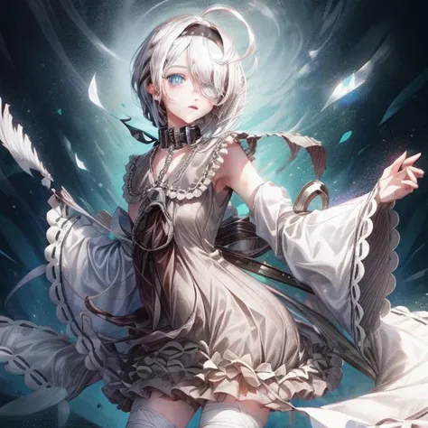 (((masterpiece))),best quality, hyper detailed, Cinematic light, intricate_detail, highres, official art, finely detailed beautiful eyes, high resolution illustration, 8k,1girl, dynamic pose,cinematic lighting, dynamic angle, intricate details,light particles,reflective hair, looking at you,textured hair, <lora:more_details:1> ,<lora:easynegative:0.8>, <lora:last:1>,blue eyes, dress, hair over one eye, ahoge, collar, sailor collar, head tilt, wide sleeves, hairband, bandaged neck, short hair, white hair, white dress, frills, neckerchief, grey dress, long sleeves, detached sleeves, bandaged arm, bandage over one eye, expressionless,off shulder cape,small breasts, bob cut, upper body close up
