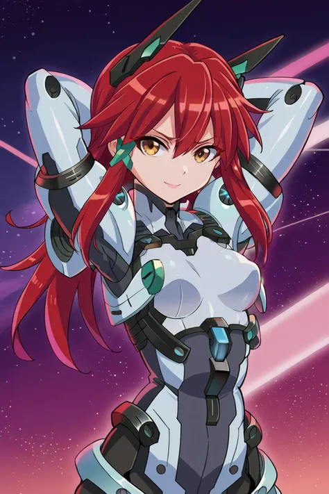 score_9, score_8_up, score_7_up, score_6_up, score_5_up, score_4_up, BREAK ,cowboy shot,smile,puffy lips,lipstick,sexy pose,rating_explicit,source_anime,anime screencap,looking at viewer,1girl,solo,arms behind head
edgMM, breasts, looking at viewer, hair ornament, brown eyes, closed mouth, upper body, red hair,small breasts, armor, bodysuit, headgear, x hair ornament, science fiction ,wearing edgMM mecha musume
<lora:edgEroMechaPony:1>