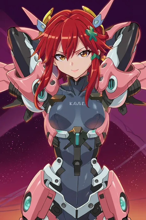 score_9, score_8_up, score_7_up, score_6_up, score_5_up, score_4_up, BREAK ,cowboy shot,smile,puffy lips,lipstick,sexy pose,rating_explicit,source_anime,anime screencap,looking at viewer,1girl,solo,arms behind head
edgMM, breasts, looking at viewer, hair ornament, brown eyes, closed mouth, upper body, red hair,small breasts, armor, bodysuit, headgear, x hair ornament, science fiction ,wearing edgMM mecha musume
<lora:edgEroMechaPony:1>