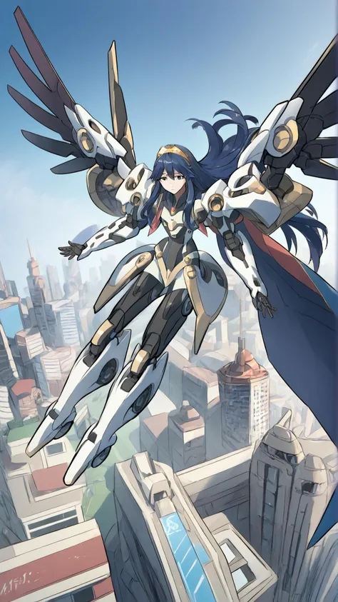 <lora:edgEroMechaPonyv1:0.8> edgMM, edgMM mecha musume, mechanical arms, mechanical legs, mechanical halo, mechanical wings, solo, city, flying, <lora:lucina-pdxl-nvwls-v1:0.8> defLuci, long hair, tiara, cape,, score 9, score 8 up, score 7 up, score 6 up, score 5 up, score 4 up,