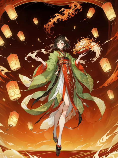 ink,HEZI,Chinese New Year elements,Oriental Dragon and Maiden,Chinese Knot,wallpaper,HD,flat illustration,flat illustration,best quality,masterpiece,(Lanterns in the background:1.5),looking at viewer,female focus,black hair,red skirt,Hanfu,profile,Night Market,brightly lit,white shoes,wide shot,color guide,simple background,full body,negative_hand,Up view,close up,happy and runing,Smile,delicate facial features,red background,a small number of red lanterns,Chinese elements with firecrackers around and fireworks in the background,<lora:çåç³»åââé´é³å¸ç«ç»:0.6>,