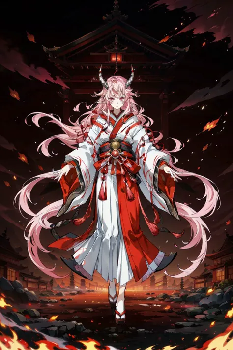 masterpiece, best quality, solo, 1girl, detailed eyes, detailed hands, detailed lighting, highres, temple gate, aura,
<lora:add_detail:0.4>
<lora:CosmicEyes:0.2>, brown eyes,
<lora:EraseGroinSkirt:0.7>
<lora:Shuna:0.7> , shuna, red and white kimono, long hair, pink hair, pink eyes, horns, 
<lora:43^z~:0.6> , hezi,