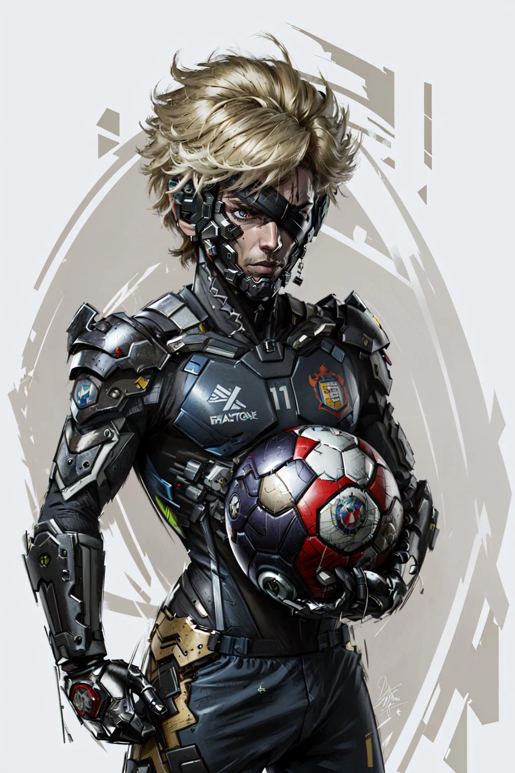 Highly detailed, High Quality, Masterpiece, (1boy, solo:1.4), raiden, <lora:RaidenDoguV2:0.8>, (one eye covered:1.3), Mario Striker Style, angry, <lora:Style_MarioStriker:0.8>, soccer, soccer ball, soccer uniform, (detailed face and eyes:1.3)