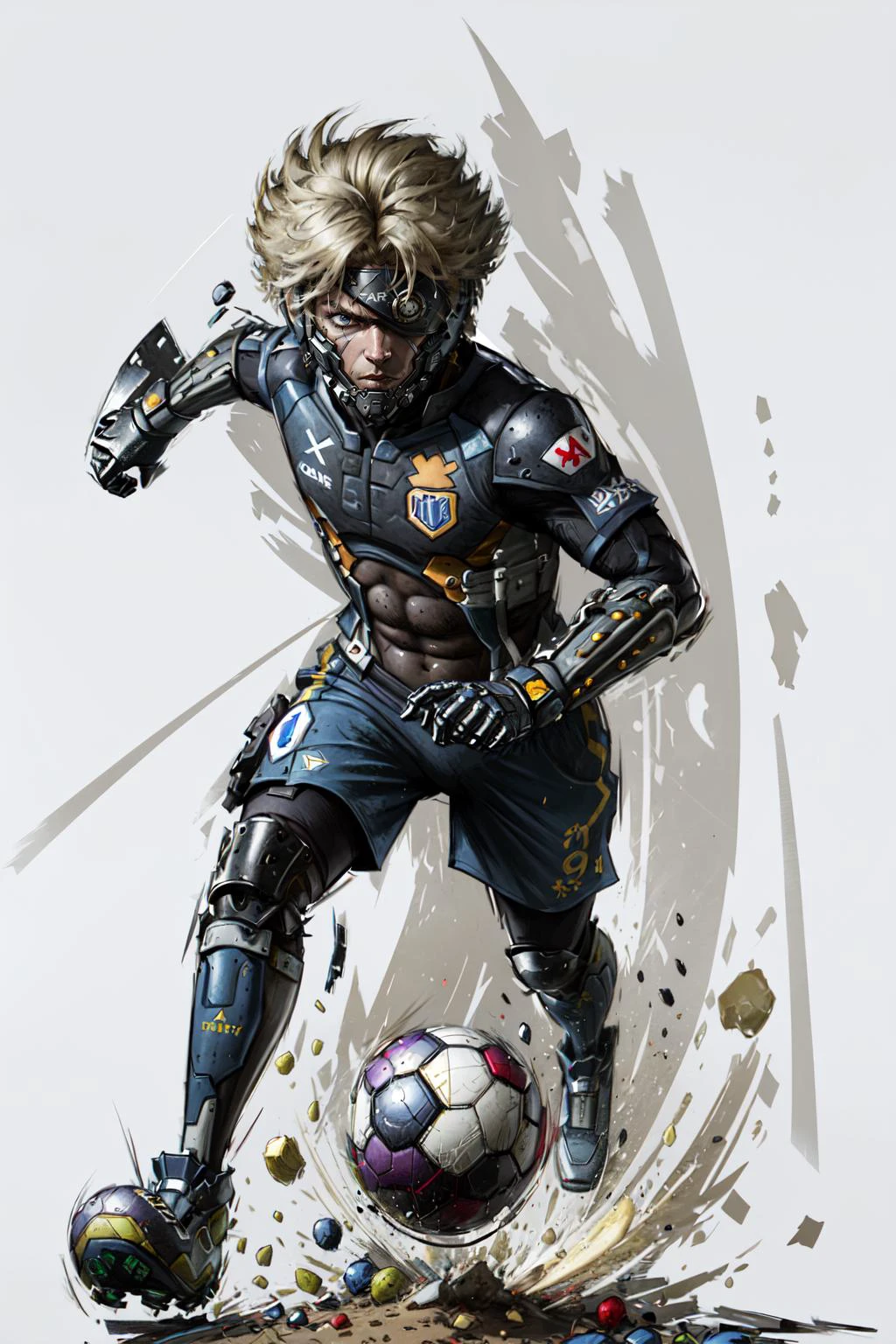 Highly detailed, High Quality, Masterpiece, (1boy, solo:1.4), raiden, <lora:RaidenDoguV2:0.8>, Mario Striker Style, angry, <lora:Style_MarioStriker:0.8>, soccer, soccer ball, soccer uniform, running, short hair, (one eye covered:1.3), (detailed face and eyes:1.3)