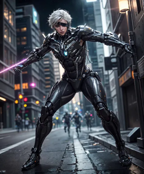 masterpiece, highest quality, photorealistic, scenery, stunning, photo (full body:0.7), of european woman running, motion blur, shiny, (raiden:1.1), (dynamic pose:1.3), (scifi, futuristic, hi-tech:1.1), cyberpunk, (night:1.2), laser beams, (bullets), white hair, black accent, holographic screens, high detailed RAW, 8k UHD, looking to the side, eyepatch, focused expression <lora:RaidenDoguV2:0.8> anittech <lora:AntimatterTech-20:0.5>