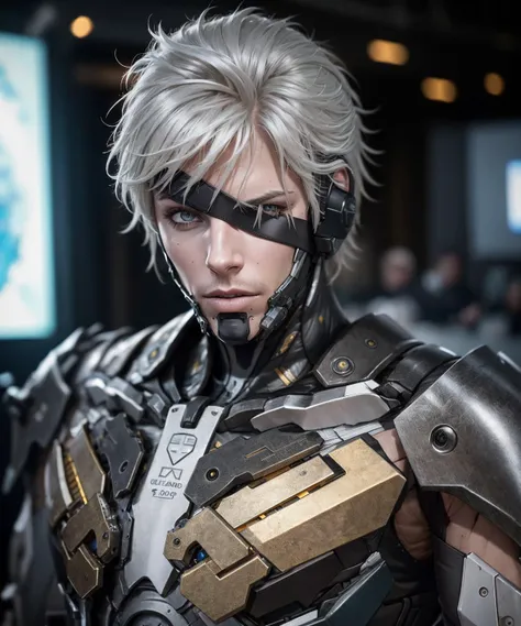 masterpiece, highest quality, photorealistic, scenery, stunning, photo of european man, shiny, (raiden:1.1), (scifi, futuristic, hi-tech:1.1), white hair, black accent, holographic screens, high detailed RAW, 8k UHD, looking to the side, eyepatch, focused expression <lora:RaidenDoguV2:0.85>