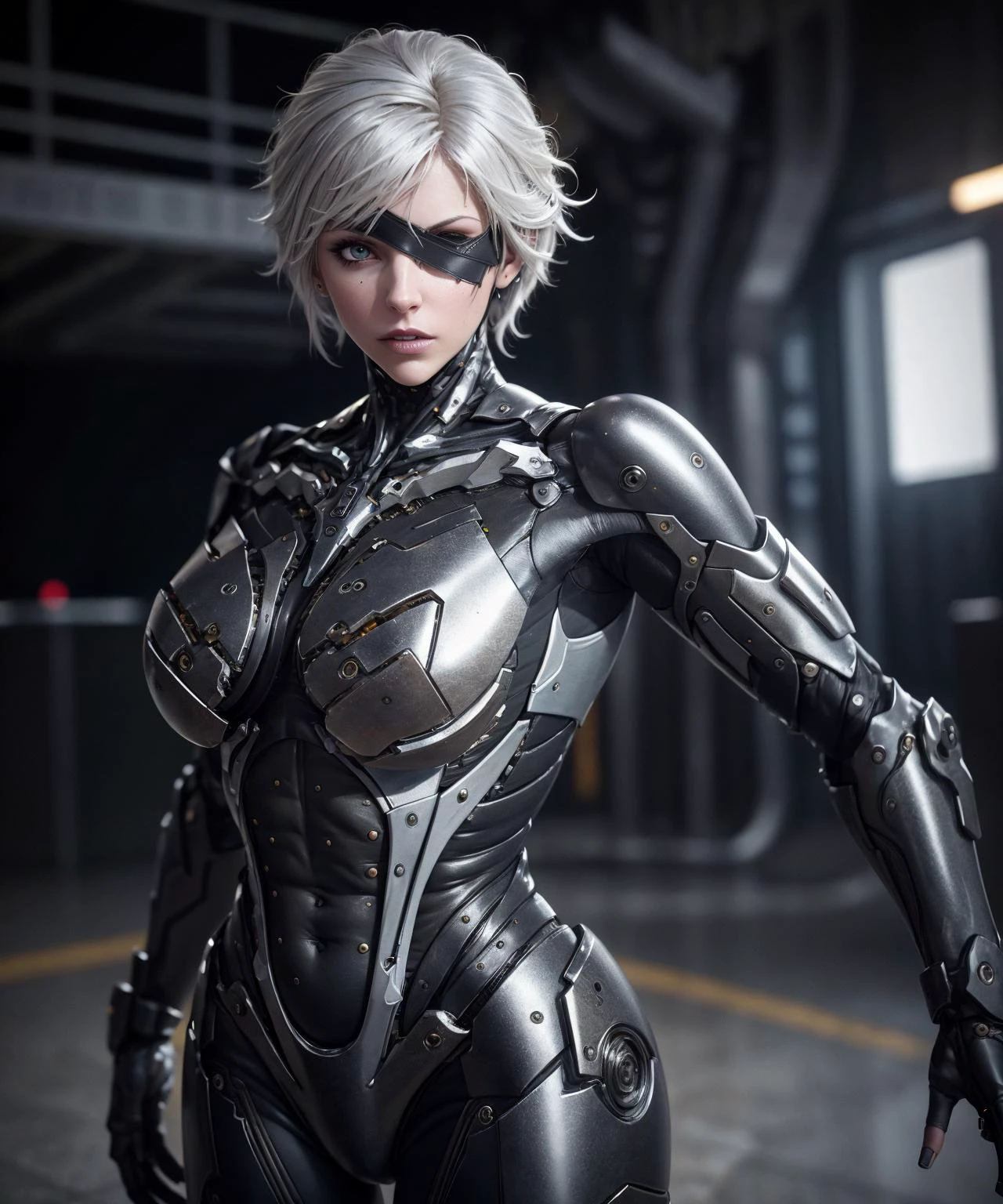 masterpiece, highest quality, photorealistic, scenery, stunning (full body:0.7), photo of european girl, shiny, (raiden:1.1), eyepatch, (scifi, futuristic, hi-tech:1.0), white hair, black accent, hologram, high detailed RAW, 8k UHD, looking to the side, focused expression, antitech <lora:AntimatterTech-20:0.4> <lora:RaidenDoguV2:0.75> rkftr_technotrex <lora:rfktrsTechnotrexV10_rfktrsTechnotrexV10:0.15>
