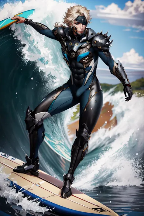 Highly detailed, High Quality, Masterpiece, beautiful, ((surfing, waves)), <lora:Pos_Surfing:0.8>, raidenmgr, (one eye covered:1.3), <lora:Char_MGR_Raiden:0.9>, full body, (detailed face and eyes:1.3)