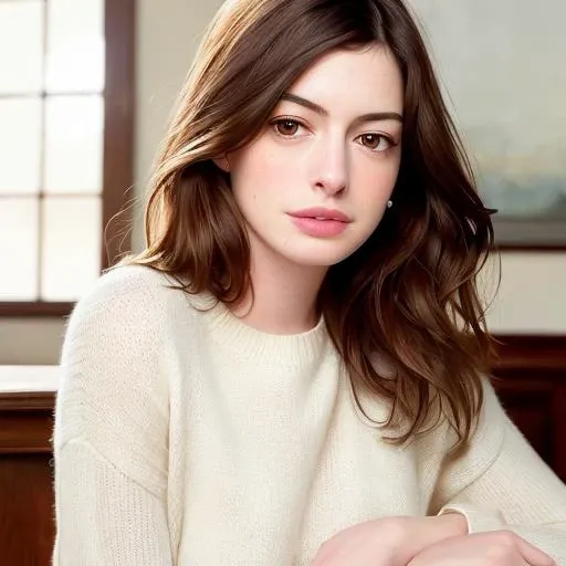 Anne Hathaway-subject, a realistic photo of Anne Hathaway, Anne Hathaway, elegant, beautiful face, long hair, white sweater, in the study, detailed face, detailed eyes, closed mouth, whole body, focus on face, facing front, looking at viewer, best quality, highres, highly detailed, RAW, canon press photography, d750 hdr photo,