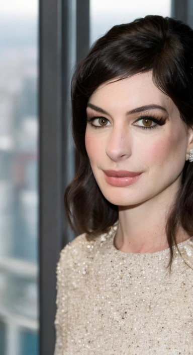 <lora:anne_hathaway_v1.16:1> nnhthwy, (Sharp focus: 1.5), portrait, stunning young woman, (flawless skin: 1.5), (intense gaze: 1.3), (smoky eye makeup: 1.2), (voluminous hair: 1.3), (defined jawline: 1.2), (toned physique: 1.3), (long, wavy hair: 1.3), wearing (bodycon dress: 1.3) while (looking out over the city skyline: 1.5). (Dramatic lighting: 1.5), shallow depth of field, bokeh, 8K, HDR. by (Steve McCurry: 1.5)