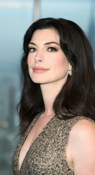 <lora:anne_hathaway_v1.16:1> nnhthwy, (Sharp focus: 1.5), portrait, stunning young woman, (flawless skin: 1.5), (intense gaze: 1.3), (smoky eye makeup: 1.2), (voluminous hair: 1.3), (defined jawline: 1.2), (toned physique: 1.3), (long, wavy hair: 1.3), wearing (bodycon dress: 1.3) while (looking out over the city skyline: 1.5). (Dramatic lighting: 1.5), shallow depth of field, bokeh, 8K, HDR. by (Steve McCurry: 1.5)