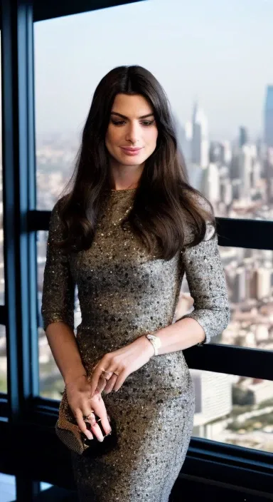 <lora:anne_hathaway_v1.16:1> nnhthwy, (Sharp focus: 1.5), portrait, stunning young woman, (flawless skin: 1.5), (intense gaze: 1.3), (smoky eye makeup: 1.2), (voluminous hair: 1.3), (defined jawline: 1.2), (toned physique: 1.3), (long, wavy hair: 1.3), wearing (bodycon dress: 1.3) while (looking out over the city skyline: 1.5). (Dramatic lighting: 1.5), shallow depth of field, bokeh, 8K, HDR. by (Steve McCurry: 1.5)