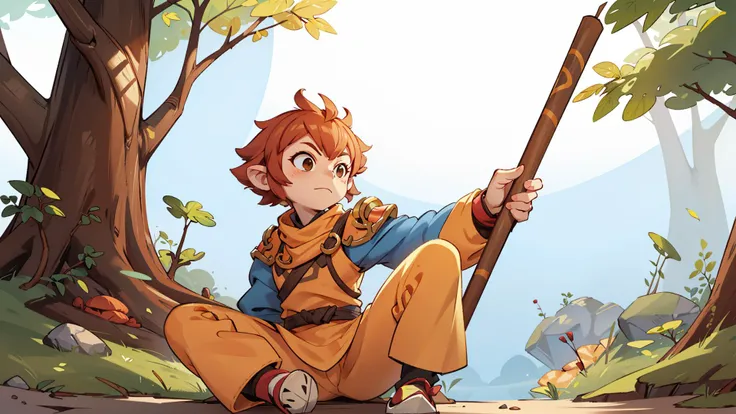 Monkey king,no humans,best quality,wukong_xingzhe,wukong_armors,<lora:J2W-monkeyking-0515-1-lora:0.7>,A stick in one hand,On one's feet,Point at the camera,In the woods,