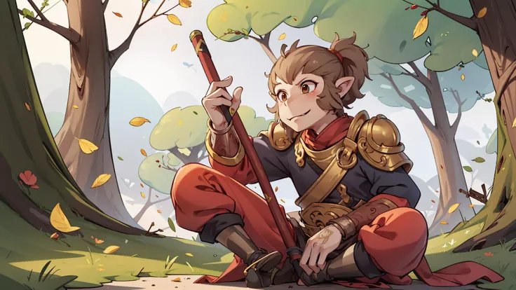 Monkey king,no humans,best quality,wukong_xingzhe,wukong_armors,<lora:J2W-monkeyking-0515-1-lora:0.7>,A stick in one hand,On one's feet,Point at the camera,In the woods,