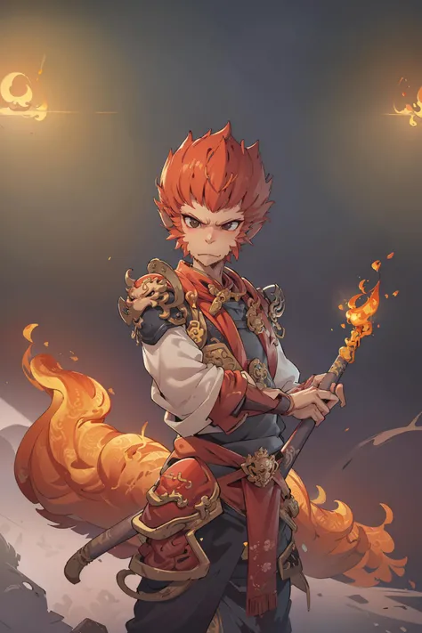 (masterpiece:1,2),best quality,masterpiece,highres,original,extremely detailed wallpaper,perfect lighting,(extremely detailed CG:1.2),
(a boy:1.4),(Monkey king:1.2),(wukong_xingzhe:1.1),black monkey king,(wukong_armors:1.1),red hair,in red and yellow,chinese_clothes,
cyberpunk,full of machinery and futuristic element,futurism,technology,
IncrsTailsFixer,Cyberworld,no stick,empty-handed,