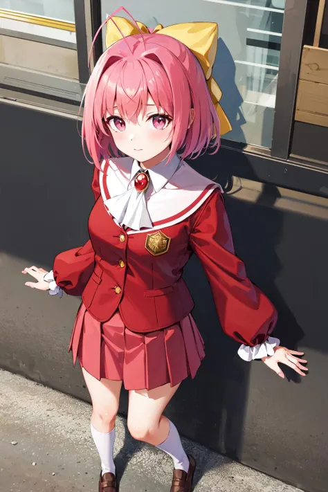 masterpiece, best quality, highres, hmkanon, short hair, antenna hair, hair bow, school uniform, ascot, red jacket, pink skirt, pleated skirt, <lora:nakagawa_kanon_v1:0.7>, standing, (from above:1.2), outdoors,
