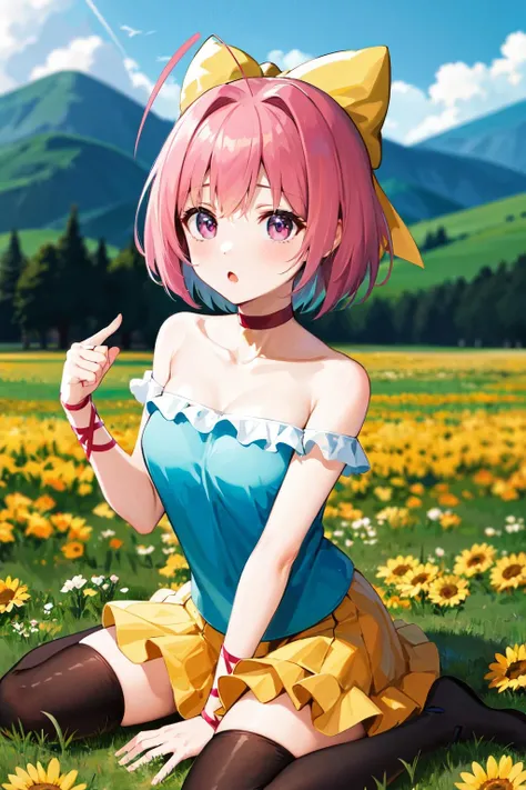 masterpiece, best quality, highres, hmkanon, short hair, antenna hair, hair bow, choker, bare shoulders, off-shoulder shirt, blue shirt, sleeveless, layered skirt, yellow skirt, thighhighs, <lora:nakagawa_kanon_v1:0.7>, field, wariza, :o,