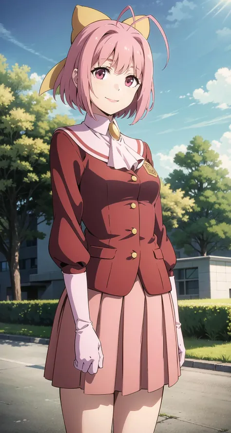 masterpiece, best quality, highres, hmkanon, short hair, antenna hair, hair bow, school uniform, ascot, red jacket, pink skirt, pleated skirt,, cowboy shot, standing, outdoors, arms at sides, straight-on, smile
<lora:nakagawa_kanon_v1:0.7>