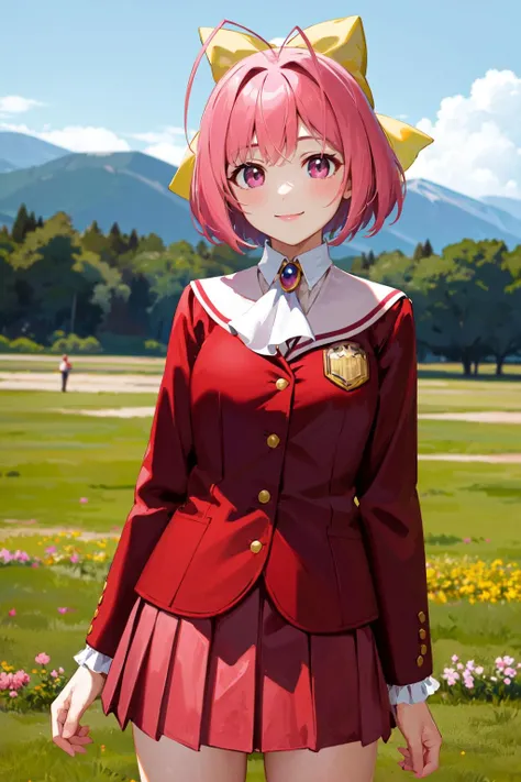 masterpiece, best quality, highres, hmkanon, short hair, antenna hair, hair bow, school uniform, ascot, red jacket, pink skirt, pleated skirt, <lora:nakagawa_kanon_v1:0.7>, cowboy shot, standing, outdoors, arms at sides, straight-on, smile