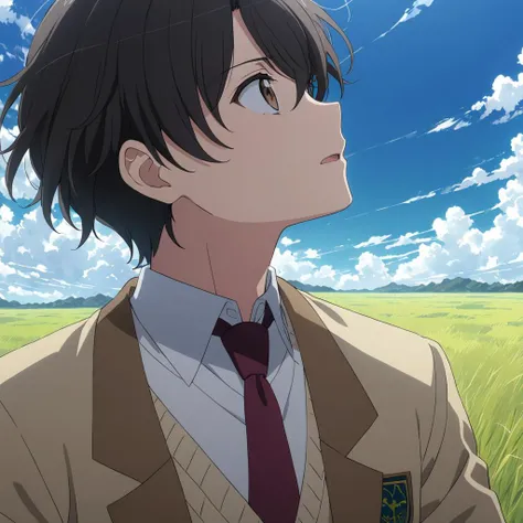 <lora:AZ_Inaho_XL:0.7>,<lora:DetailedEyes_V3:1.6>,looking away,looking up,
solo,
anime screencap,best quality,masterpiece,
Soujirou Agata,1boy,brown eyes,black hair,
school_uniform,jacket,necktie,white sweater,black pants,grassland,blue sky,wind,