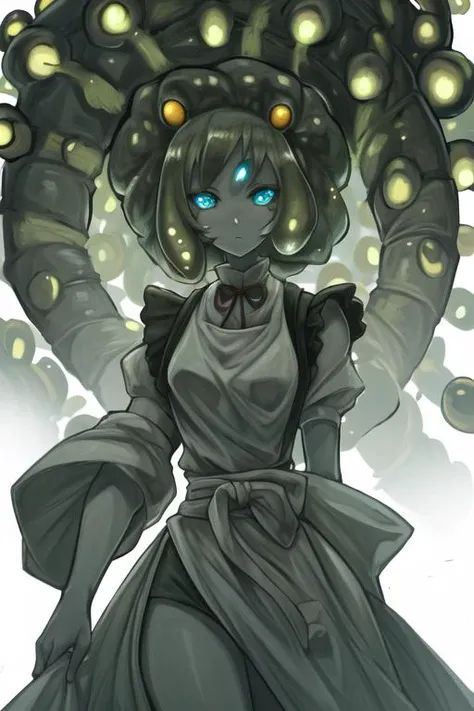 ((best quality)), ((highly detailed)), masterpiece, detailed face, beautiful face, (detailed eyes, deep eyes), (1girl), cowboy shot, <lora:hairdetailer:.7>, <lora:aiomonstergirls_loraLocon:.1>, (((shoggoth))), maid, body horror, tentacles, extra eyes, glowing eyes, Olive colored eyes, (colored skin), (dark_grey colored skin), glowing runes, lovecraftian, <lora:solidEyes_v70:.9>, solid eyes, colored sclerae, (at a shrine, torii, stone lanterns), <lora:Ruteko3:.9>, ruteko_(ruko220)