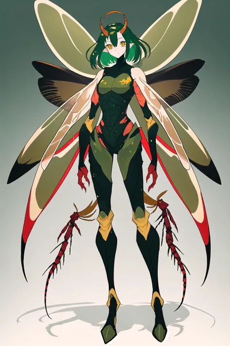 digital art, Extensive, character design, character focus, professional illustration, monster girl, (full body, standing:1.3), colored skin, insect girl, insect wings, arthropod limbs, carapace, 1girl, solo, blush, gold eyes, dark green hair