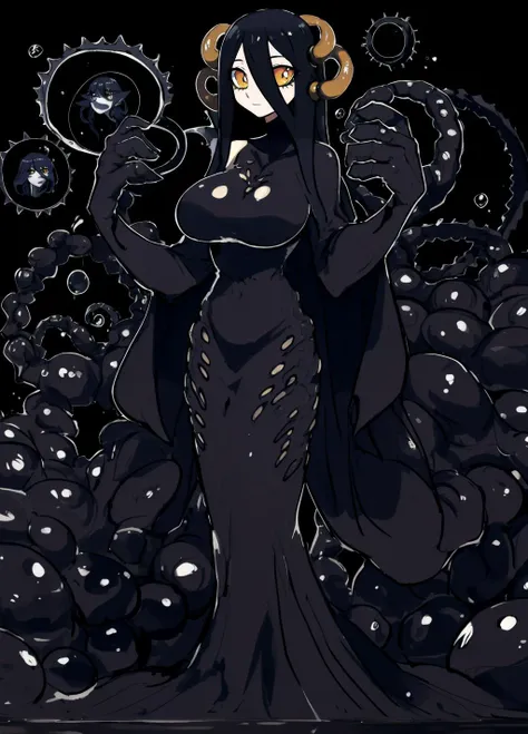 (Solo)) Black Slime girl, very long black hair, yellow eyes, (character is covered in black liquid), ((full of black liquid)), Anime Art Wallpaper 8K, black slimegirl, Anime style 4K, large chest, ((chubby)), curvy hips, slime horns, slime everywhere, ((core)), (horizon:1.3), beautiful gold eyes, black tar, ((at a beach))