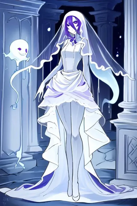 ((best quality)), ((highly detailed)), masterpiece, (detailed eyes, deep eyes), (1girl), full body, ((ghost-girl)), ((undead)), <lora:ectoV5:.75>, ecto woman, ((pale skin:1.3)), ((pale_violet colored hair:1.3)), (eye bags), (monstergirl), flowing ((white wedding dress:1.3, veil, stockings)), medium breasts, ((crazy grin)), ((mausoleum)), fog, (indoors, in a bedroom), <lora:Ruteko3:1>, ruteko_(ruko220)