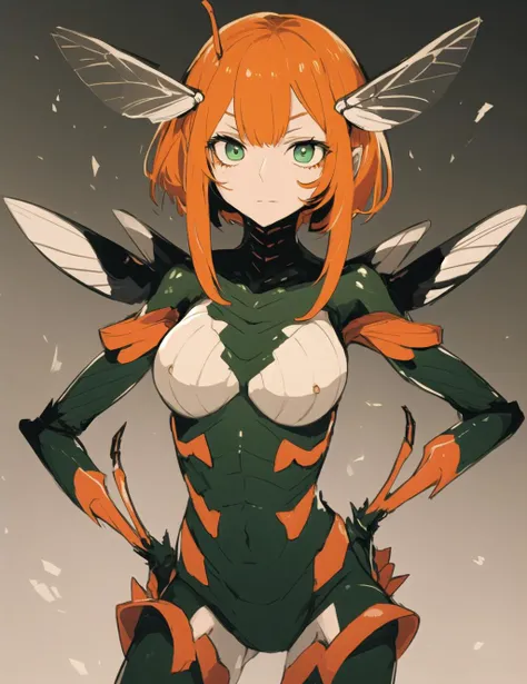 ruteko (ruko220), monster girl, 1girl, solo, \n\\ncolored skin, insect girl, insect wings, arthropod limbs, carapace, horrified, dark green eyes, orange hair, hands on hips, perfect hands, <lora:GoodHands-vanilla:0.8>
