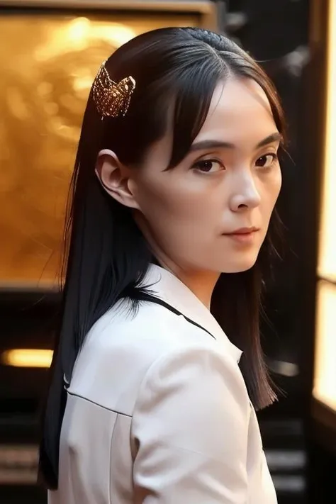 ((masterpiece)),((bestquality)),8k,high detailed,ultra-detailed,depth of field,wide angle,1girl,beautiful_face,solo,beautiful_hand,cinematic lighting,Long_hair,black hair,<lora:Kim_Lora-000001:1>,([Glare-free lighting|Motivated lighting|outer space view|Umbrella lighting]),(in the studio,[Golden Ratio|Portrait|Cinematic Shot]),Golden Ratio,Portrait,Looking Back,wide-angle view,