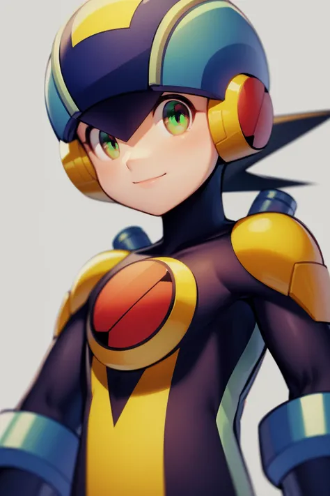 masterpiece, best quality, 1boy, megaman, black hair, closed mouth, green eyes, helmet, looking at viewer, male focus, smile, solo, upper body, white background <lora:Megaman:1>