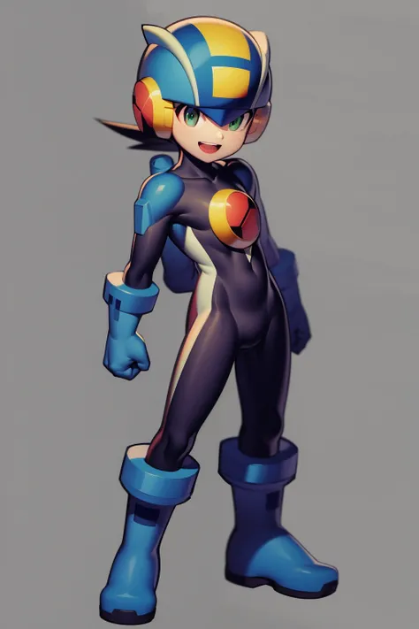masterpiece, best quality, 1boy, megaman, :d, arms at sides, blue footwear, blue headwear, bodysuit, boots, clenched hands, covered collarbone, full body, gloves, green eyes, helmet, looking at viewer, male focus, open mouth, purple bodysuit, simple background, smile, solo, standing, teeth, transparent background, upper teeth only, white background <lora:Megaman:1>