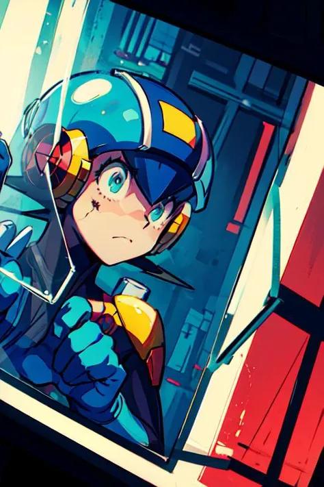 <lora:Megaman:.8> Megaman, 1boy, behind screen, through glass, hands on glass, distressed, worried, sad, <lora:Constricted PupilsV3:.7> constricted pupils