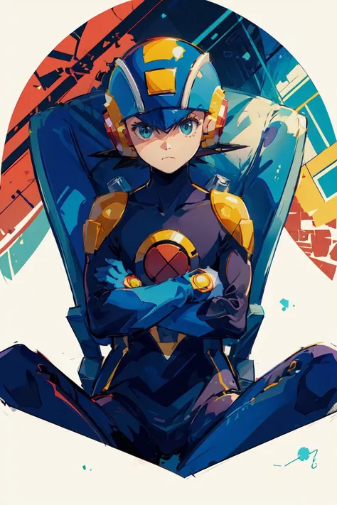 <lora:Megaman:.8> Megaman, 1boy, sitting down, crossed arms, upset, looking away, puffing, :t