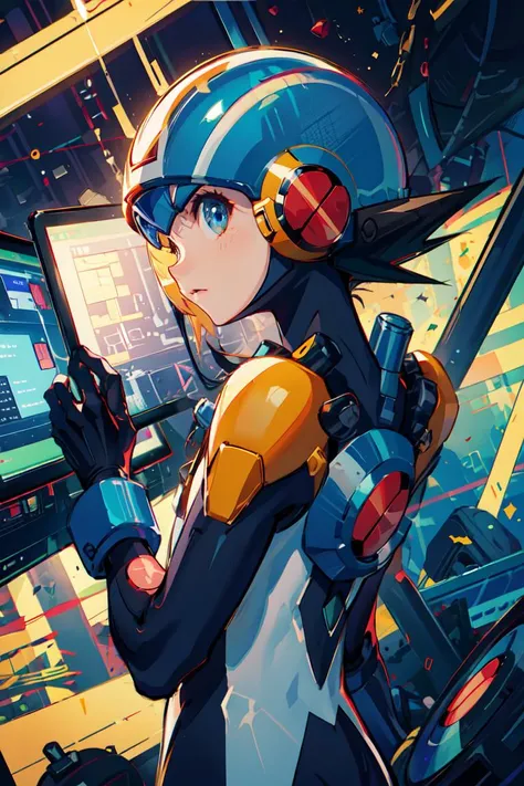 <lora:Megaman:.8> Megaman, 1boy, using machine, keyboard, floating screen, futuristic, cybertech, from side, over the shoulder, looking at viewer