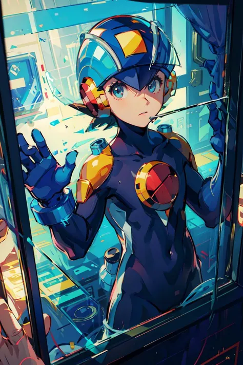 <lora:Megaman:.8> Megaman, 1boy, behind screen, through glass, hands on glass