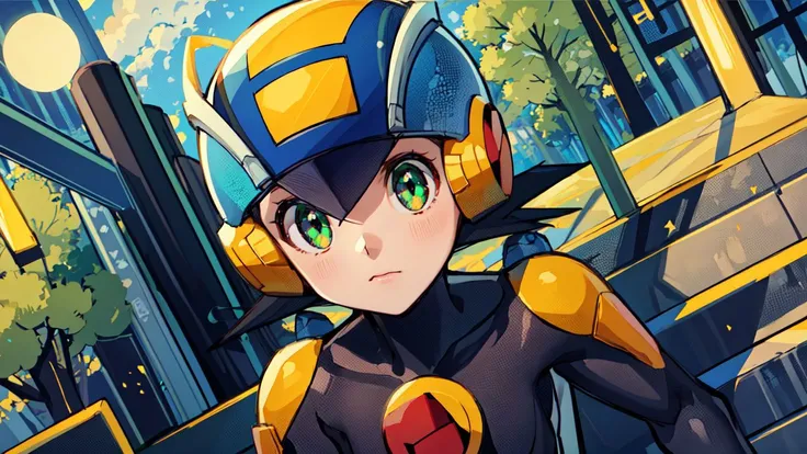 (masterpiece),(intricate details),1girl,female,small breasts,megaman,bodysuit,black hair,closed mouth,closeup,green eyes,helmet,<lora:Megaman:1> depth of field,looking at viewer,((standing on the school stairs)),moon,night,Area_with_many_trees_and_vegetation,((cumulonimbus)),from below:1.1,