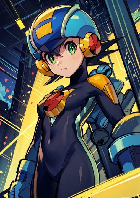 (masterpiece),(intricate details),1girl,female,small breasts,megaman,bodysuit,black hair,closed mouth,closeup,green eyes,helmet,<lora:Megaman:1> depth of field,looking at viewer,((standing on the school stairs)),moon,night,Area_with_many_trees_and_vegetation,((cumulonimbus)),from below:1.1,