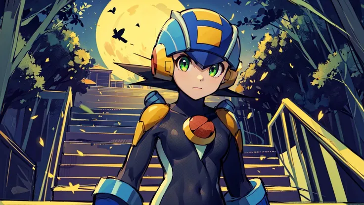 (masterpiece),(intricate details),1girl,female,small breasts,megaman,bodysuit,black hair,closed mouth,closeup,green eyes,helmet,<lora:Megaman:1> depth of field,looking at viewer,((standing on the school stairs)),moon,night,Area_with_many_trees_and_vegetation,((cumulonimbus)),from below:1.1,