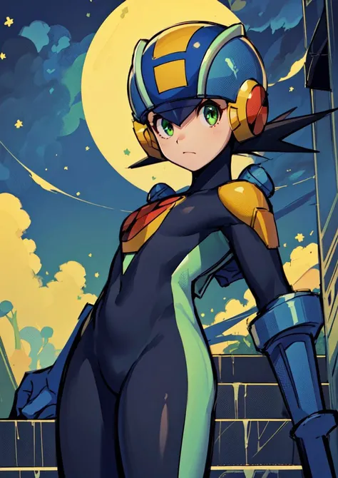 (masterpiece),(intricate details),1girl,female,small breasts,megaman,bodysuit,black hair,closed mouth,closeup,green eyes,helmet,<lora:Megaman:1> depth of field,looking at viewer,((standing on the school stairs)),moon,night,Area_with_many_trees_and_vegetation,((cumulonimbus)),from below:1.1,